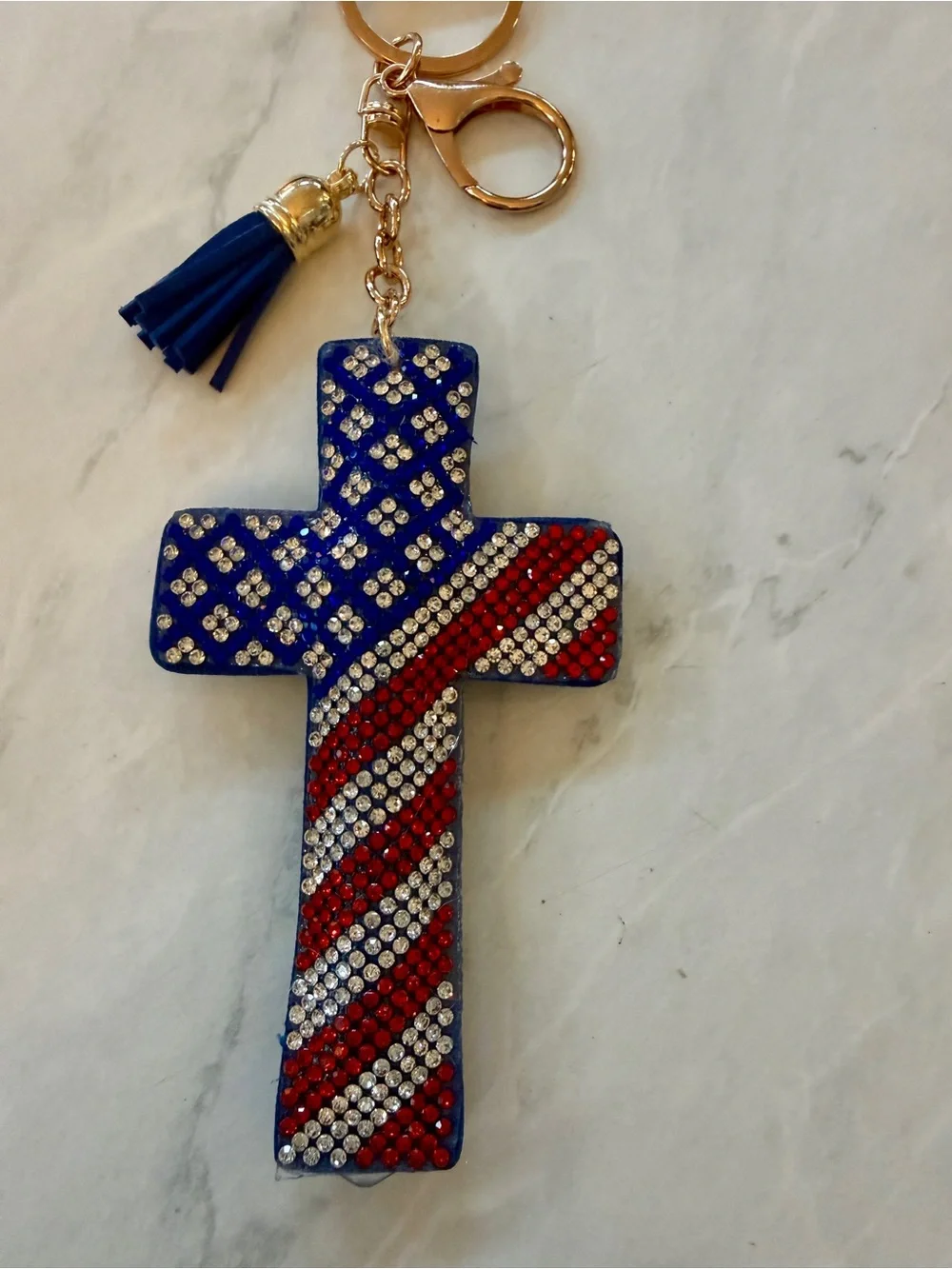 ✨ NWT Patriotic American Flag Rhinestone Puffy Cross Keychain Bag Charm
